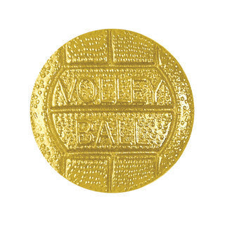 Round gold chenille pin with "VOLLEY BALL" embossed, featuring a textured volleyball design.