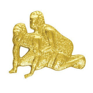 Shiny gold chenille pin depicting two stylized figures in a wrestling or grappling pose.