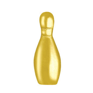 Shiny gold bowling pin chenille pin, a varsity award for athletic success.