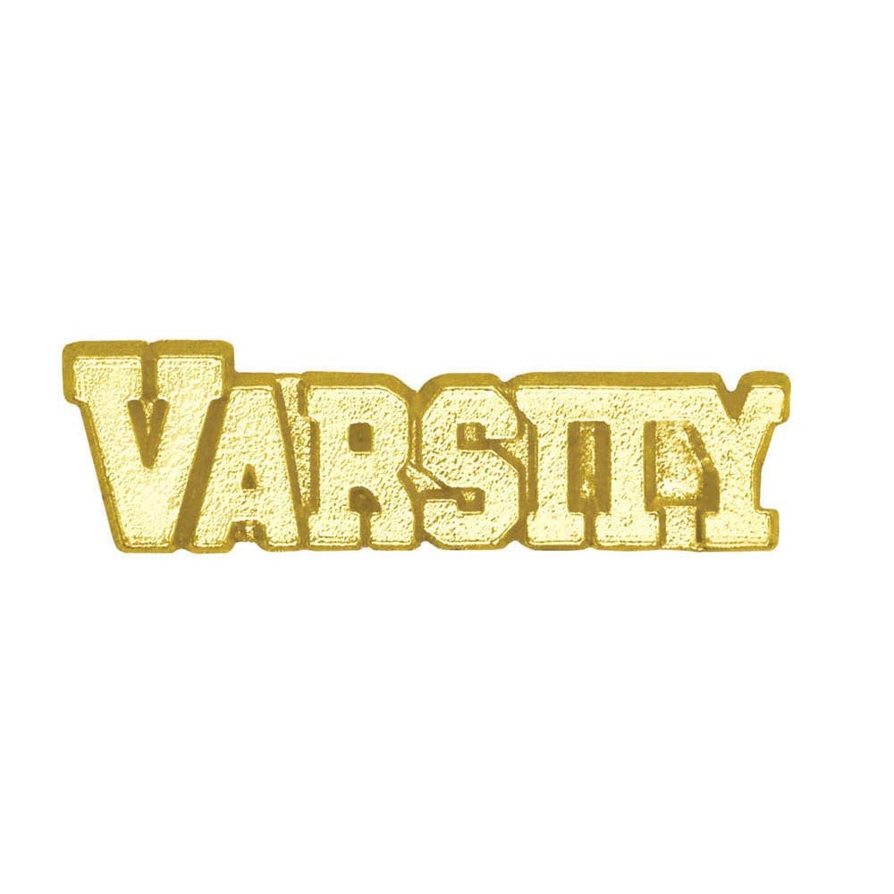 Shiny gold "VARSITY" chenille pin with a textured surface, recognizing athletic achievement.