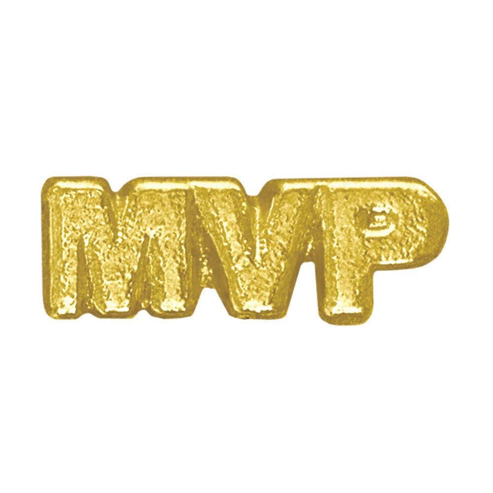 Shiny gold "MVP" chenille pin with a textured surface, recognizing athletic achievement.