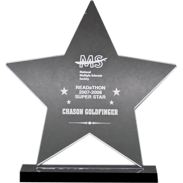 Clear acrylic 7.5" star trophy with "MS" logo, "READaTHON SUPER STAR" and "CHASON GOLDFINGER" engraved, on a black base.