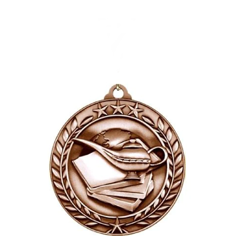 Bronze Wreath Antique Medallion with an academic design featuring books, a lamp, and stars.