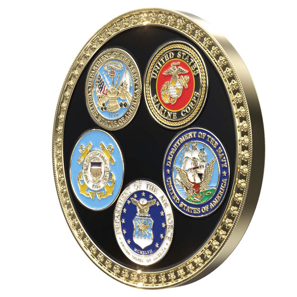 Gold-rimmed 2-inch Veteran Service Coin with 5 color-filled military branch emblems on a black background.