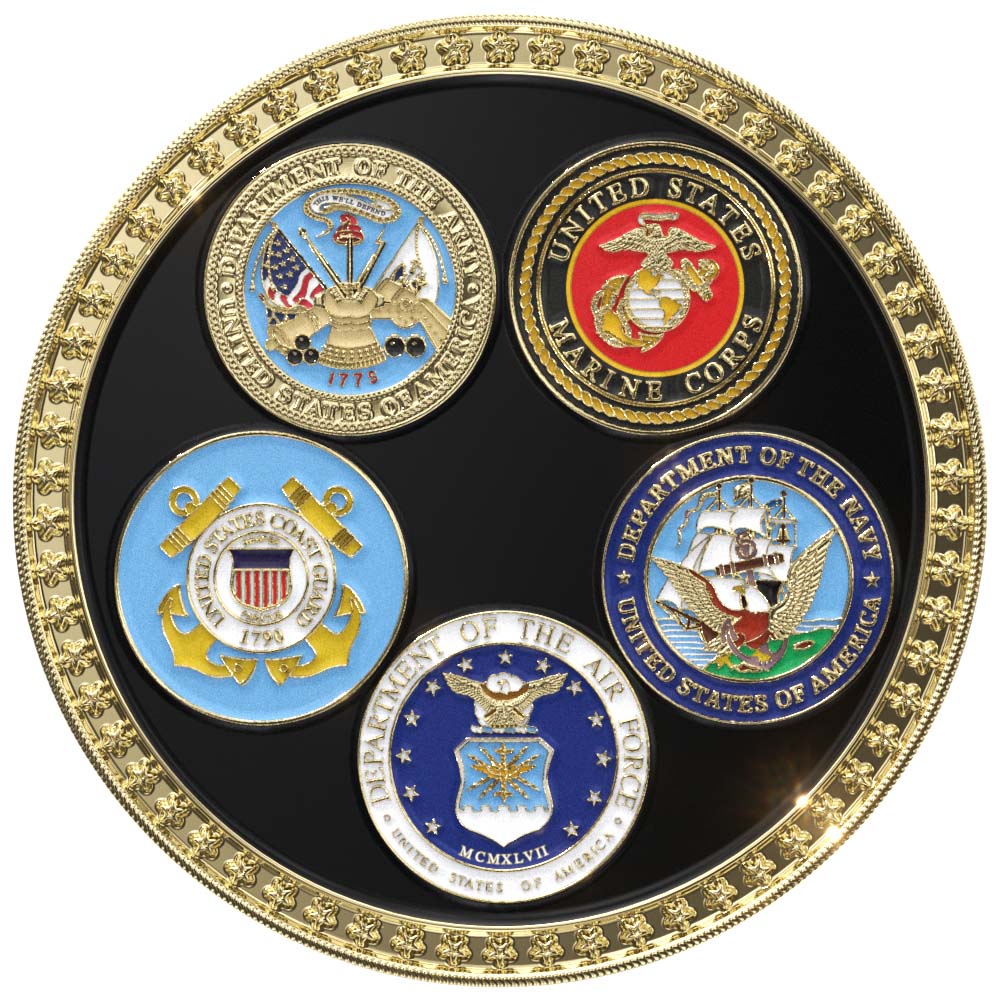 Gold 2-inch Veteran Service Coin with color-filled emblems of all 5 military branches on a black background.