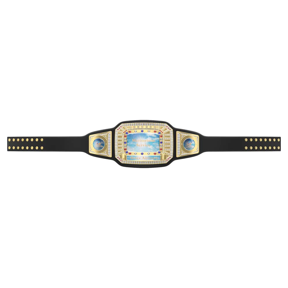 Black genuine leather championship belt with a polished gold main plate, blue synthetic gemstones, and shiny trim.