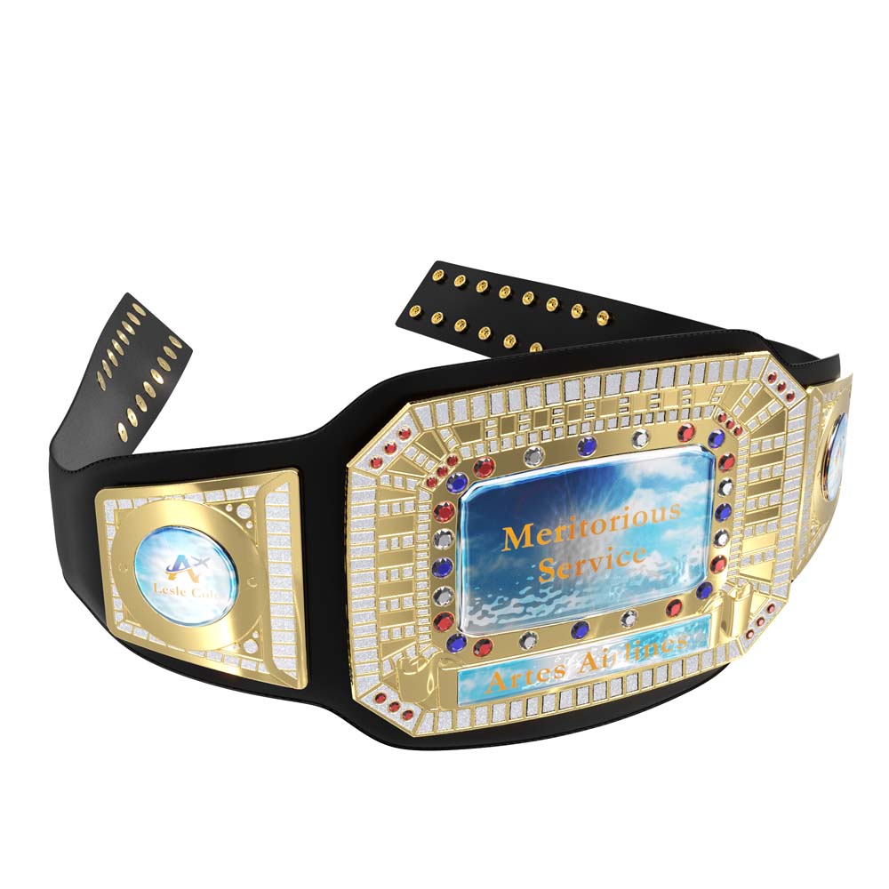 Black genuine leather championship belt with gold plates, synthetic gemstones, and "Meritorious Service" text.