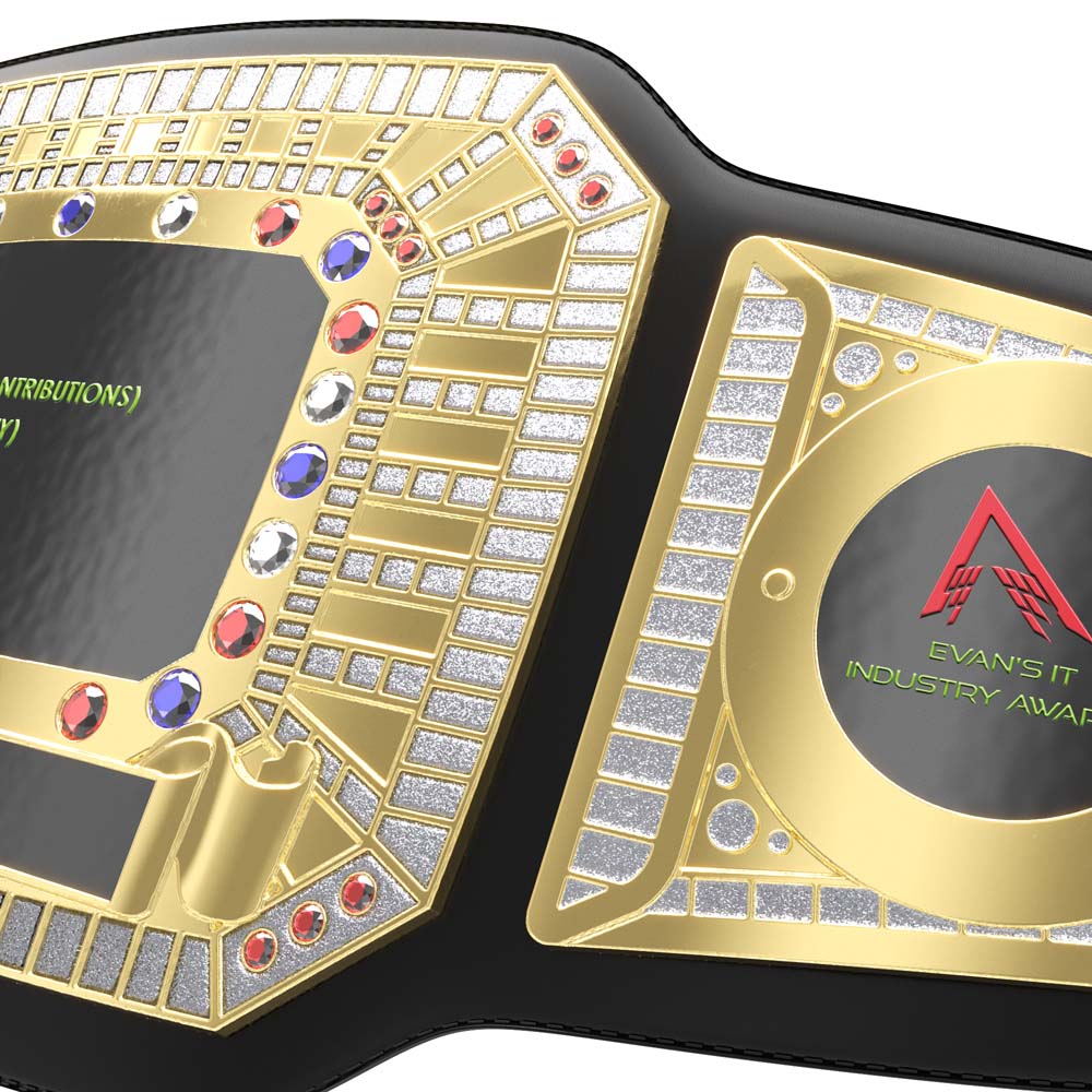 Black leather championship belt with polished gold plates, synthetic gemstones, and custom "Evan's IT Industry Award" text.