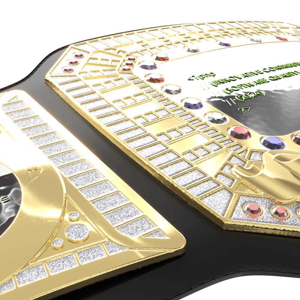 Black leather championship belt with polished gold plates, colorful synthetic gemstones, and shiny trim.