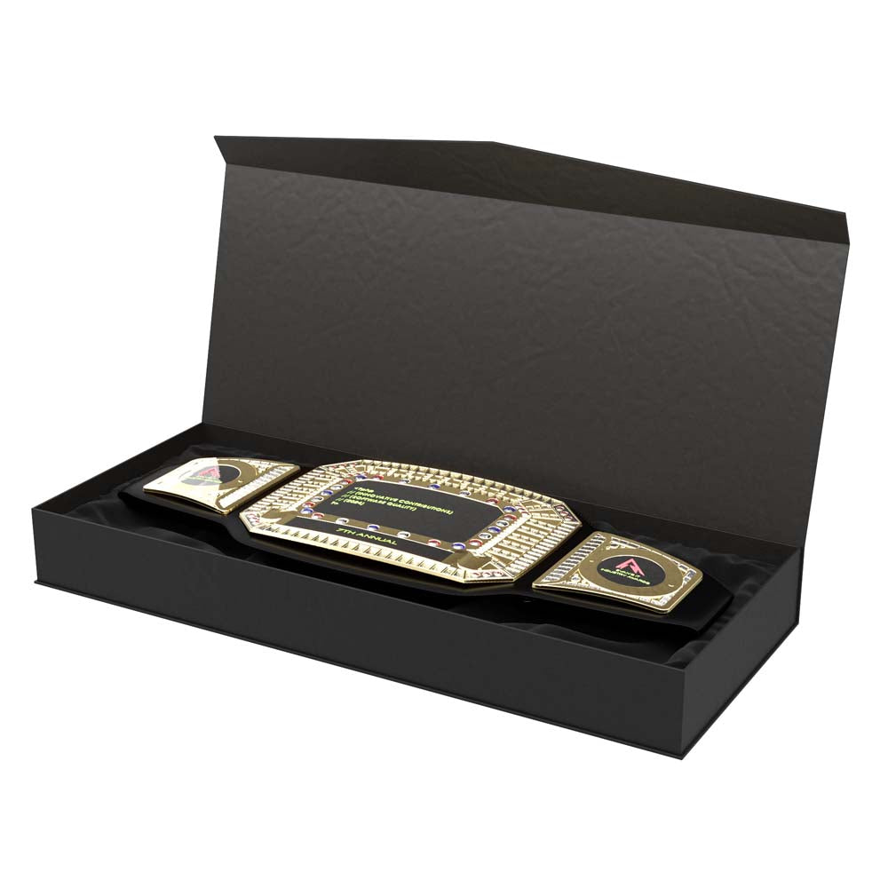 Black leather championship award belt with gold plates and synthetic gemstones in an open black presentation box.