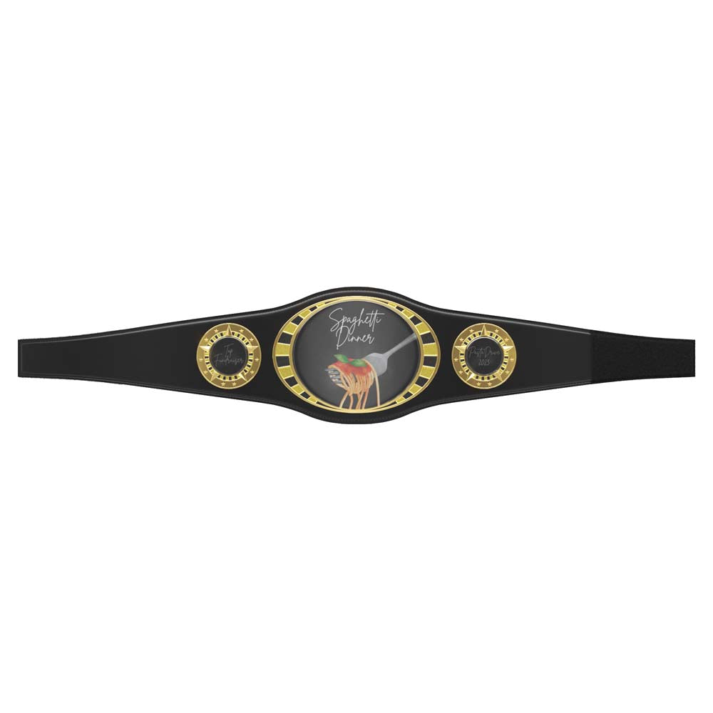 Youth black vegan leather championship belt with gold plates, glitter enamel, and "Spaghetti Dinner" design.