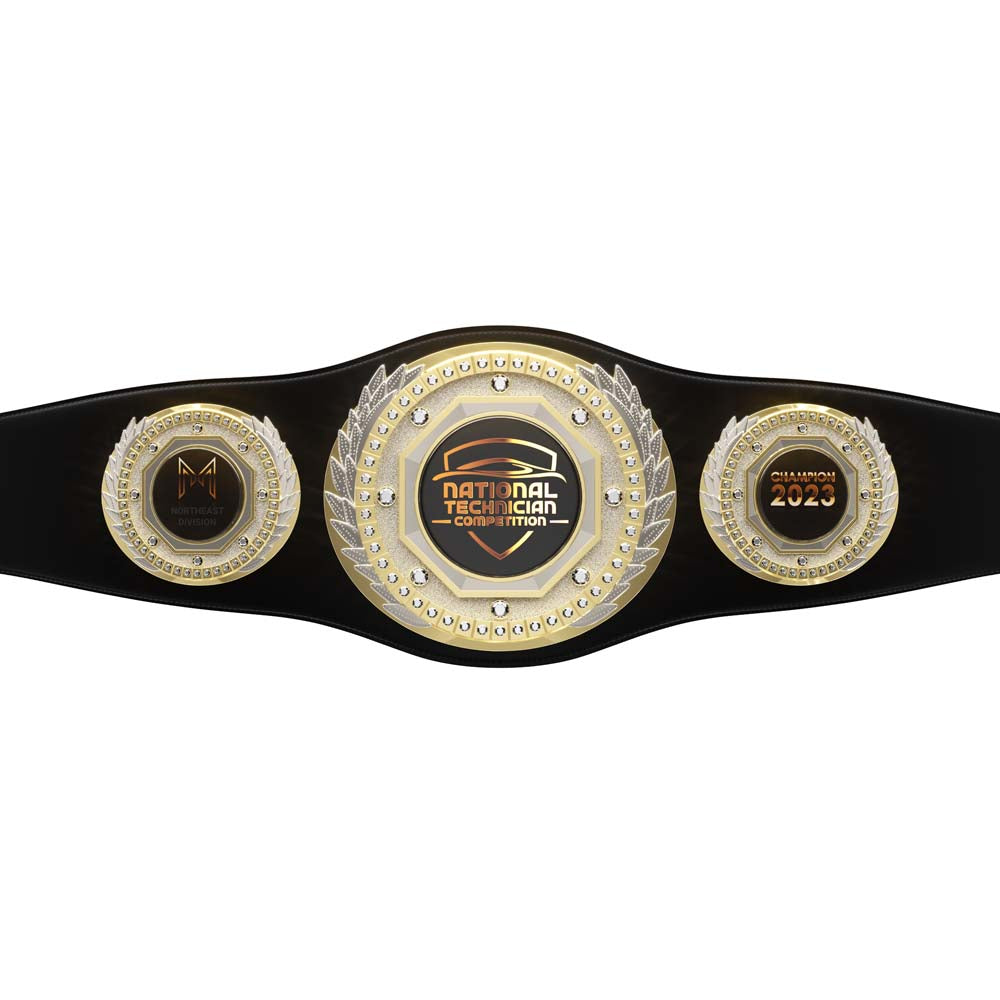 Black leather Champion Presidential Award Belt with gold and silver plates, diamond-like stones, and custom inserts.