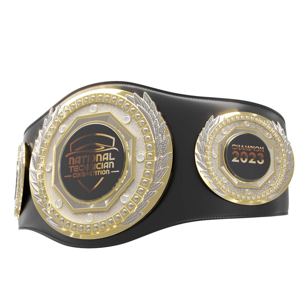 Black leather Champion Presidential Award Belt with gold and silver plates, "National Technician Competition" and "Champion 2023" text, and diamond-like stones.