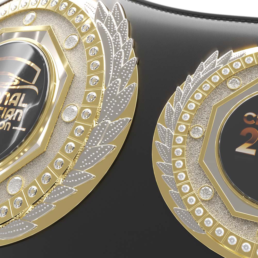 Black leather Champion Presidential Award Belt with bright gold and silver round center plate and diamond-like stones.