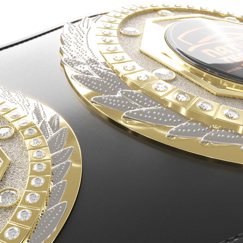 Black leather Champion Presidential Award Belt with gold and silver plates, diamond-like stones, and custom poly-domed inserts.