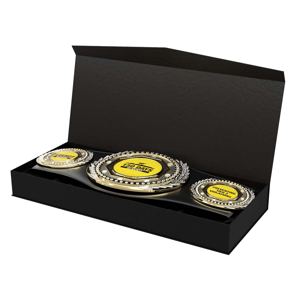 Champion Presidential Award Belt: 52" black leather belt with gold and silver plates, diamond-like stones, in a black box.