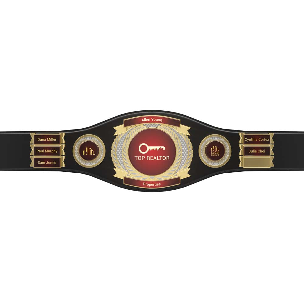 Black leather championship belt with gold medallions, red key emblem, "TOP REALTOR" text, and six customizable name plates.