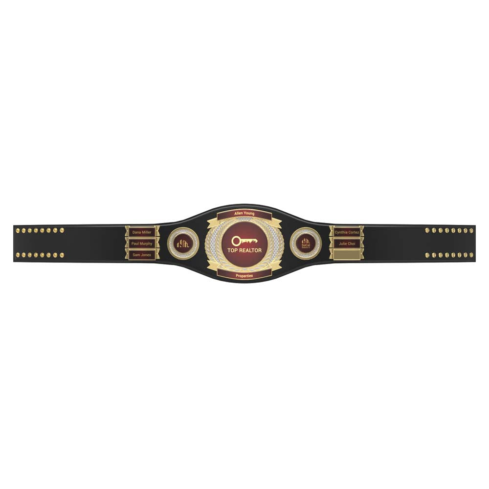 Black leather championship belt with gold medallions and six customizable name plates.