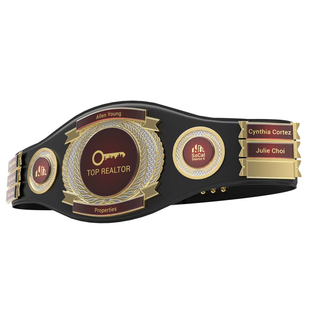 Black leather championship belt with gold medallions, "TOP REALTOR" text, and custom name plates.