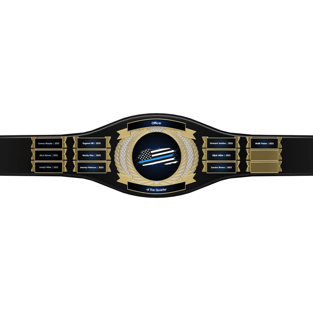 Black leather championship belt with gold plates, a central "Officer of the Quarter" emblem, and a thin blue line flag.