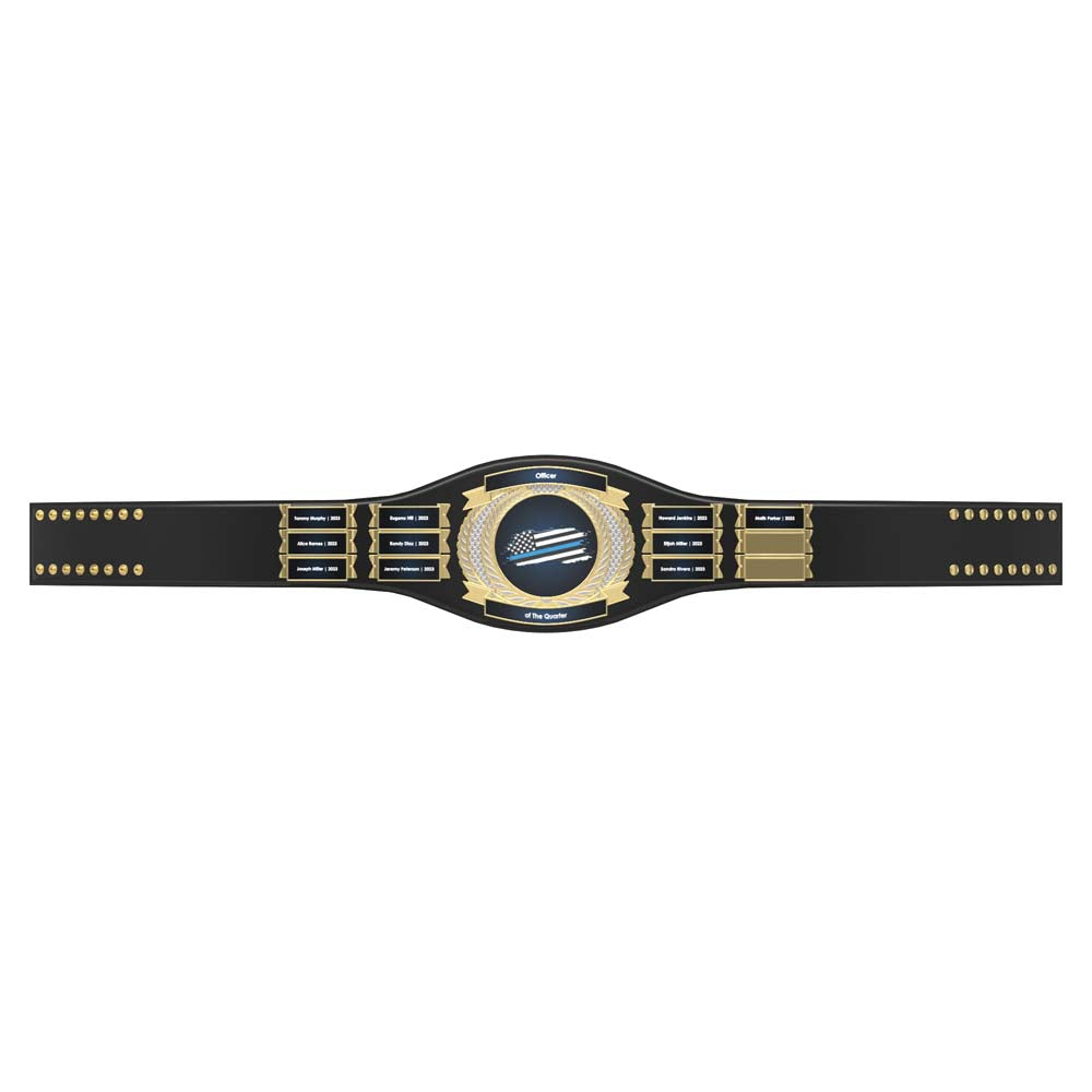 Black leather championship belt with gold plates and a central blue and gold emblem.