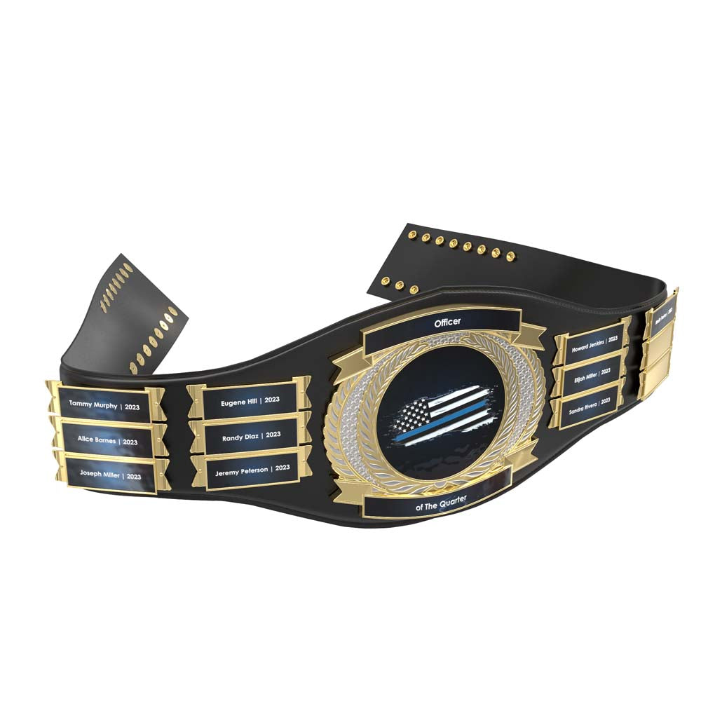 Black leather championship belt with gold plates, a central thin blue line flag design, and twelve customizable name plates.