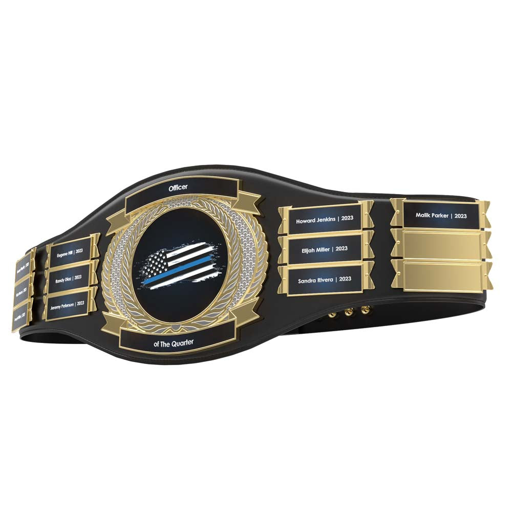Black leather championship belt with gold plates, a central "Thin Blue Line" flag, and engraved names.