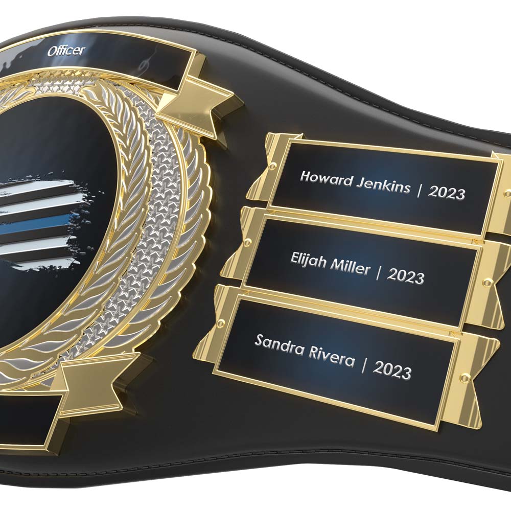Black leather championship belt with gold trim, a large central emblem, and three personalized name plates.