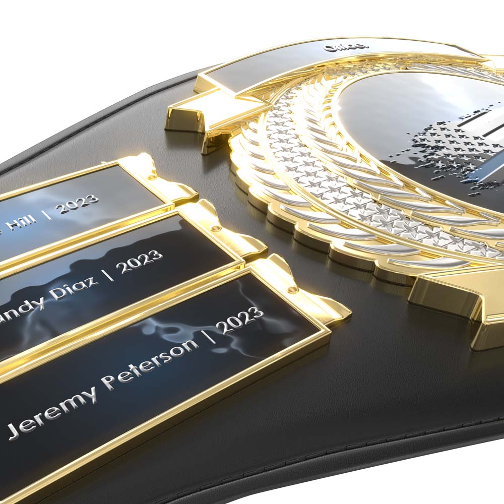 Black leather championship belt with gold and silver main plate, and three personalized name plates.