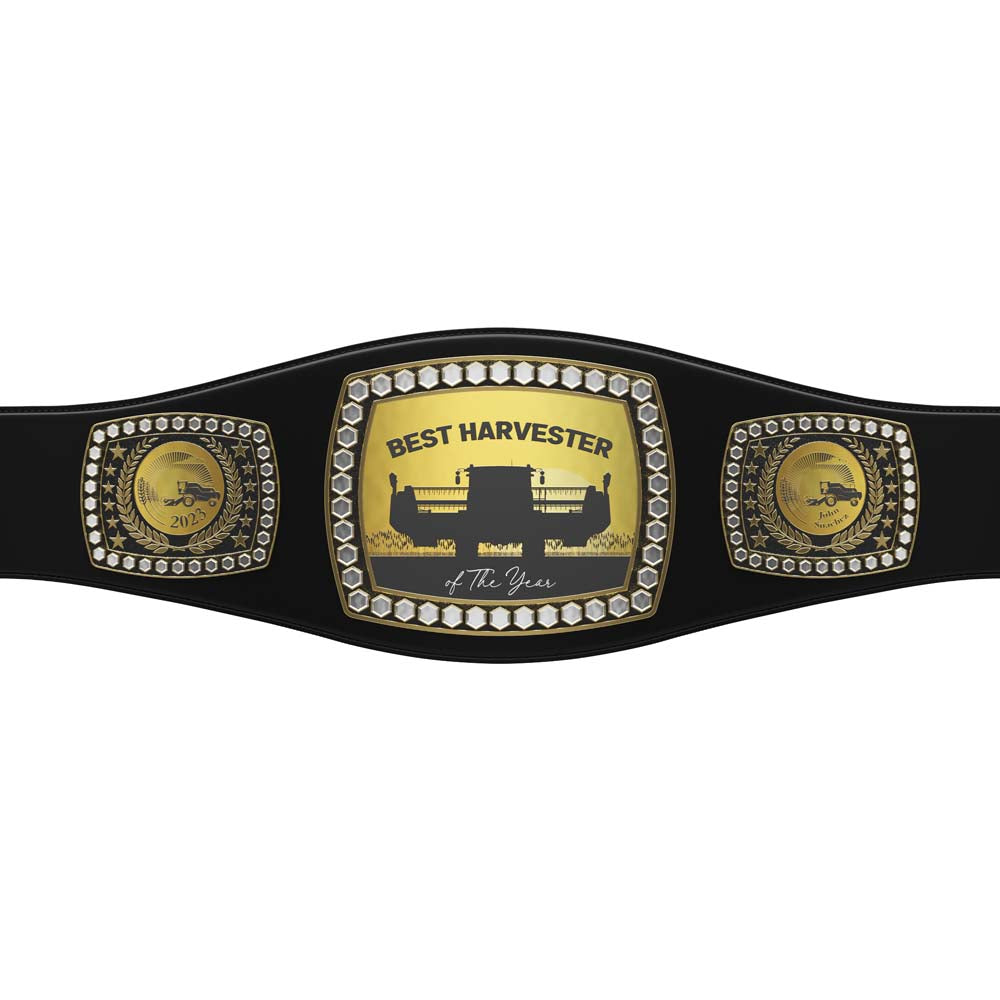 Black leather "Best Harvester of the Year" award belt with gold plates and diamond-like stones.