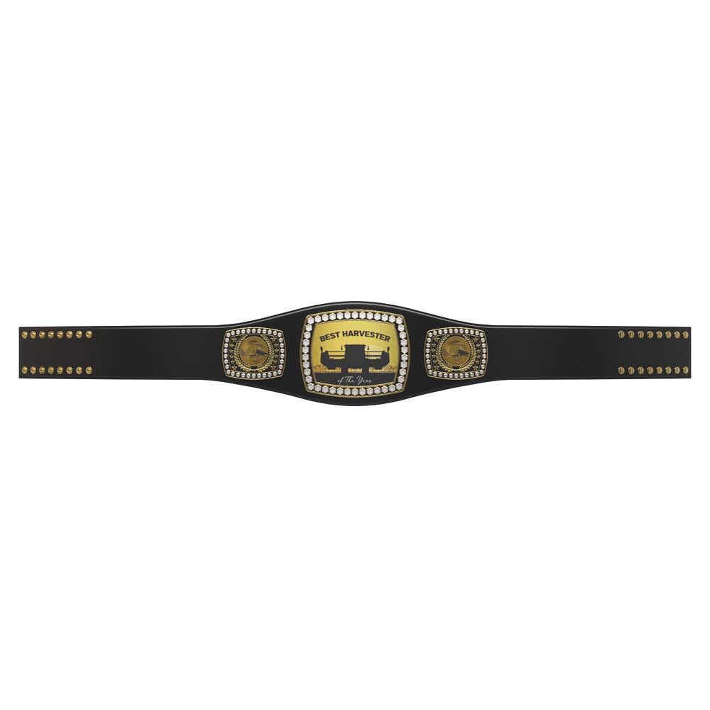Black leather championship award belt with gold plates, diamond-like stones, and "BEST HARVESTER" text.
