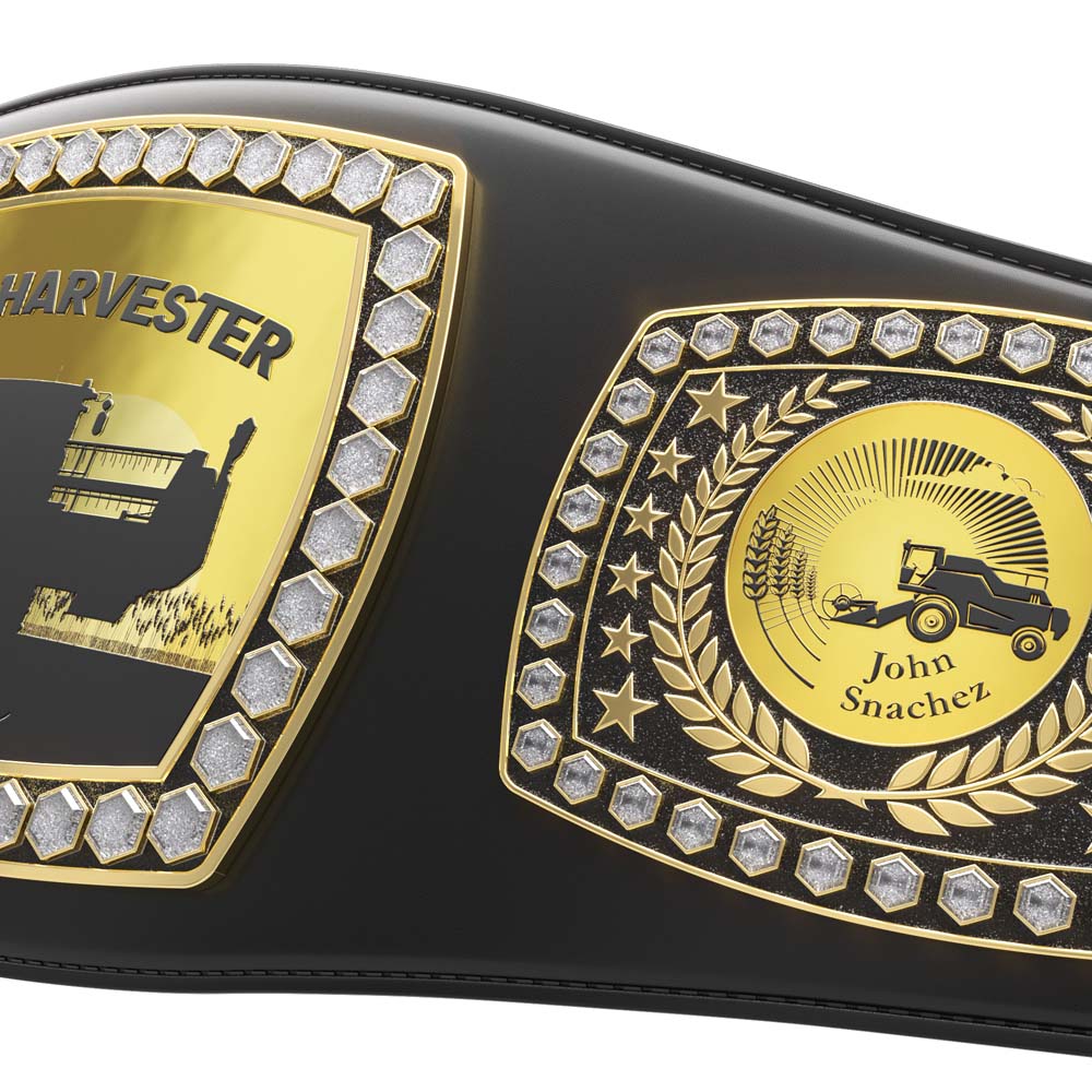 Black leather championship award belt with gold plates, diamond-like stones, and harvester designs.