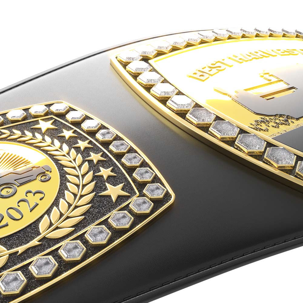 Black leather Legends Championship Award Belt with gold plates, diamond-like stones, and "BEST HACKER 2023" text.
