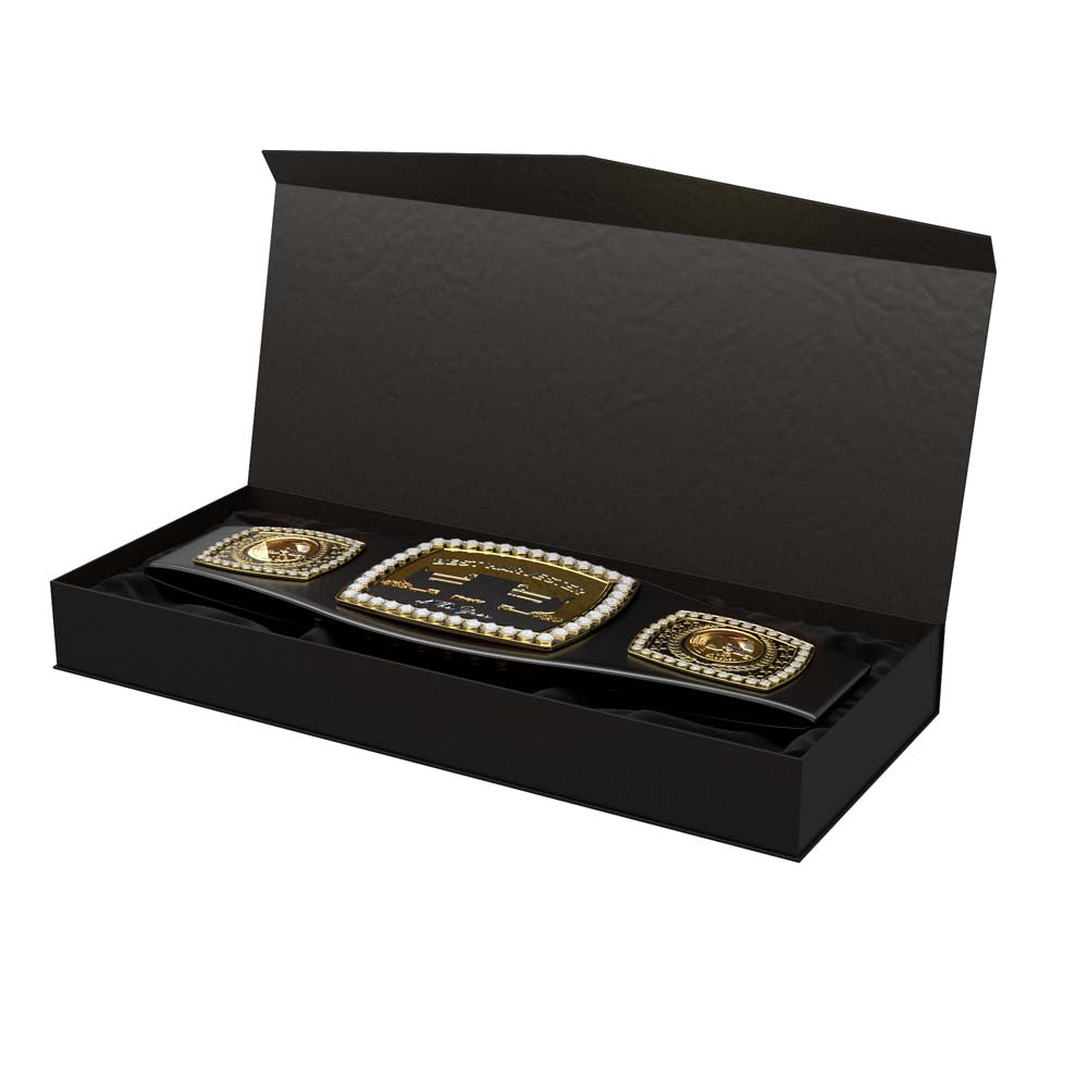 Black leather Legends Championship Award Belt with gold plates, diamond-like stones, in a velvet-lined presentation box.