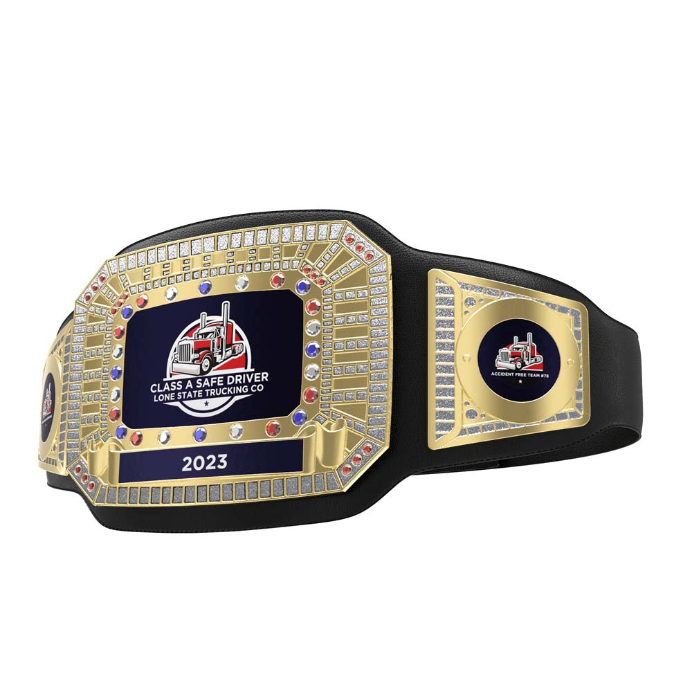 Customizable black leather championship belt with gold plates, synthetic gemstones, and "CLASS A SAFE DRIVER" logo.