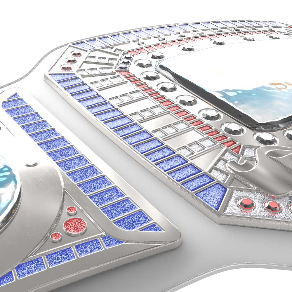 Close-up of a championship award belt with shiny silver plates, blue and red synthetic gemstones, and a polished gold finish.