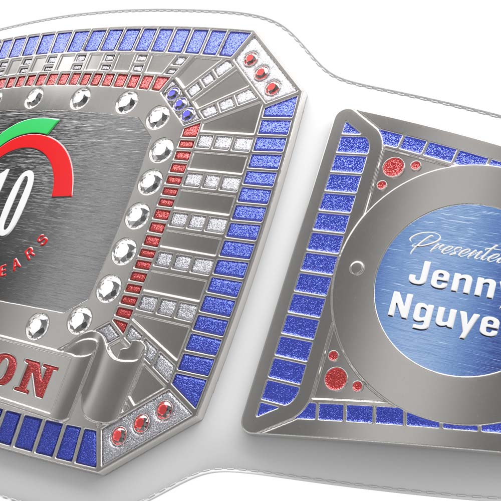 Customizable championship award belt with polished gold finish, synthetic gemstones, and "Presented to Jenny Nguyen" text.