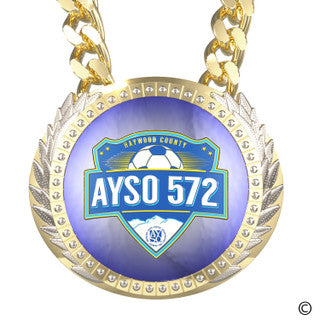 Heavy gold and silver championship chain with a large round medallion featuring a blue AYSO 572 soccer logo.