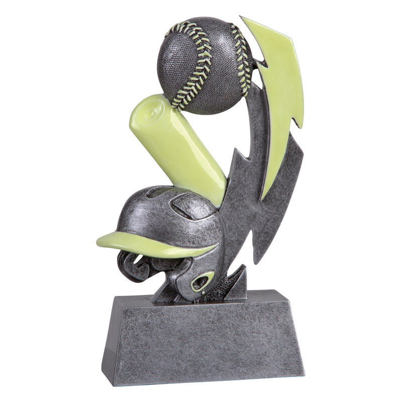 Glow-in-the-dark baseball resin trophy with a gray baseball, bat, helmet, and lightning bolt design.