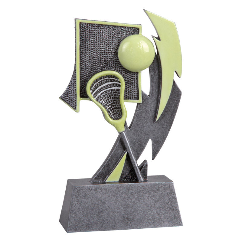 Glow-in-the-dark lacrosse resin trophy with a gray base, net, ball, and stick design.