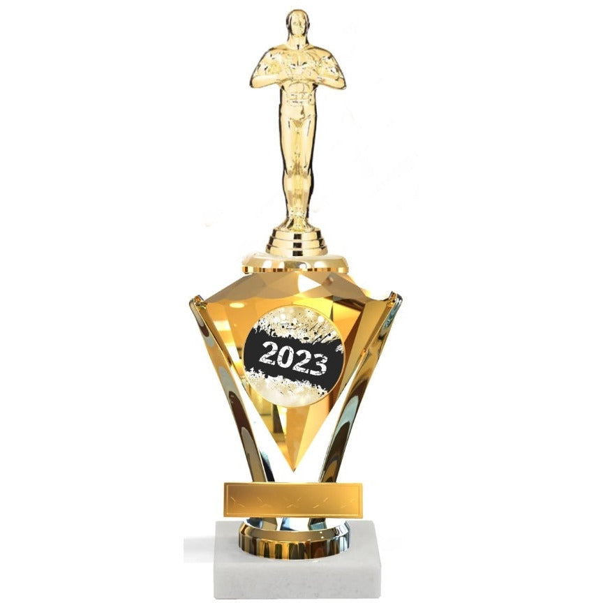 Gold Jewel Series Riser Trophy with a male figure, diamond riser, and "2023" disk on a white marble base.