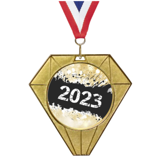 Gold jewel medal with a 2023 insert and a red, white, and blue neck ribbon.