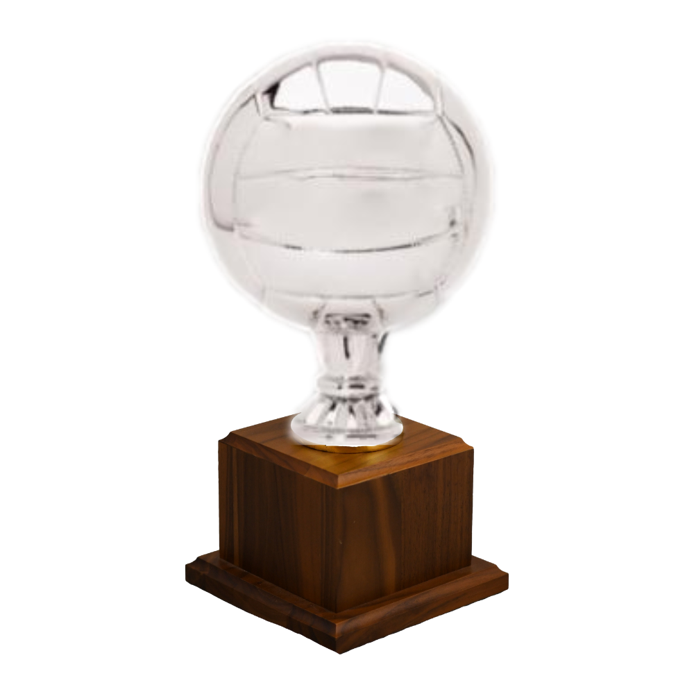 Silver volleyball replica award on a dark walnut base.