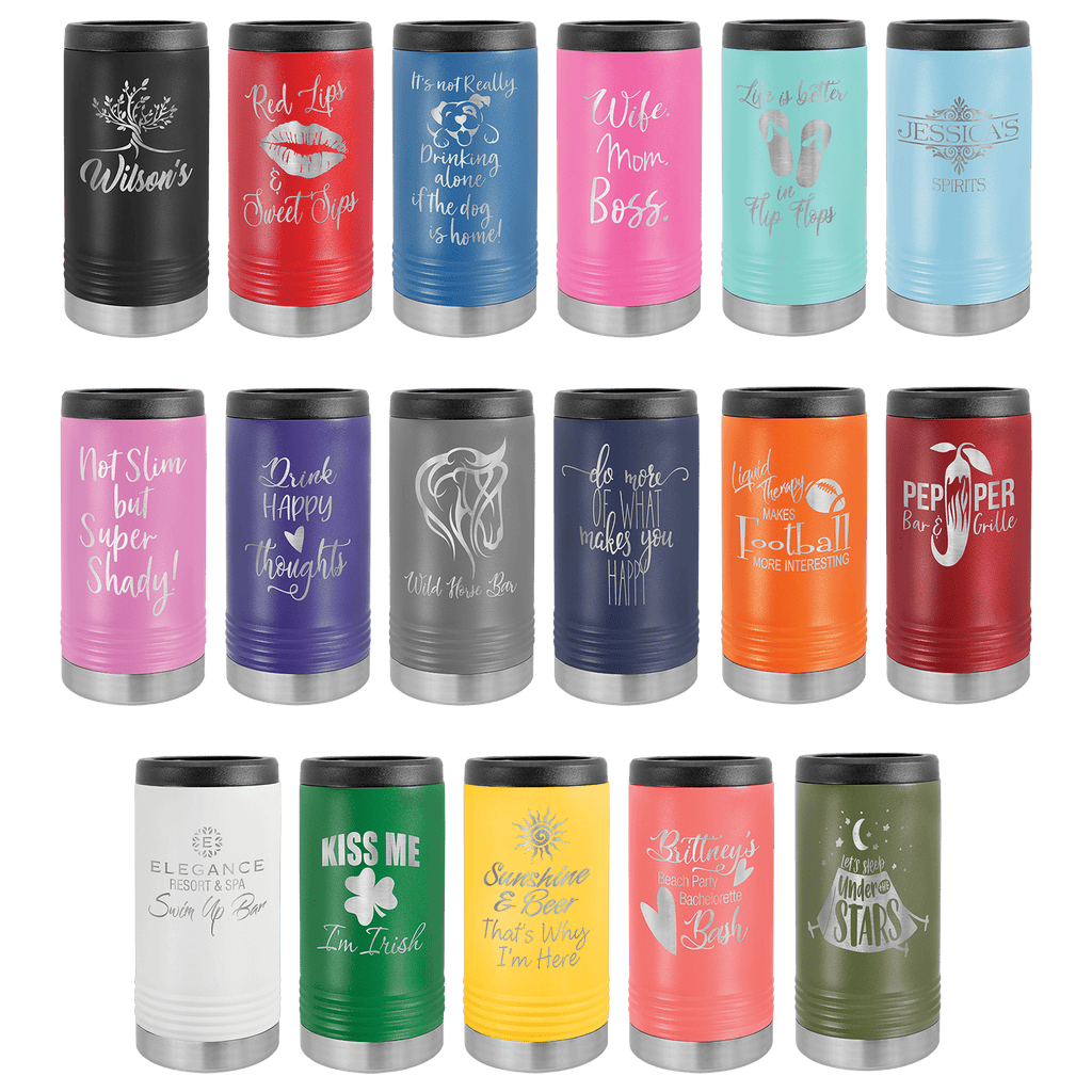 Assortment of 17 Polar Camel slim can beverage holders in various colors with custom engravings.