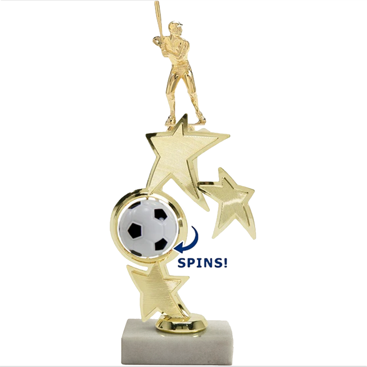 Gold Sport Star Spinner Riser trophy with a baseball player figure, spinning soccer ball, and marble base.