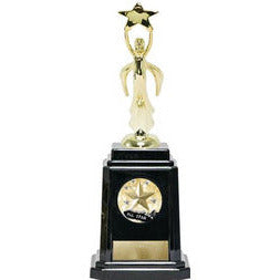 Modern gold victory figure holding a star, on a black piano finished base with a gold plate.