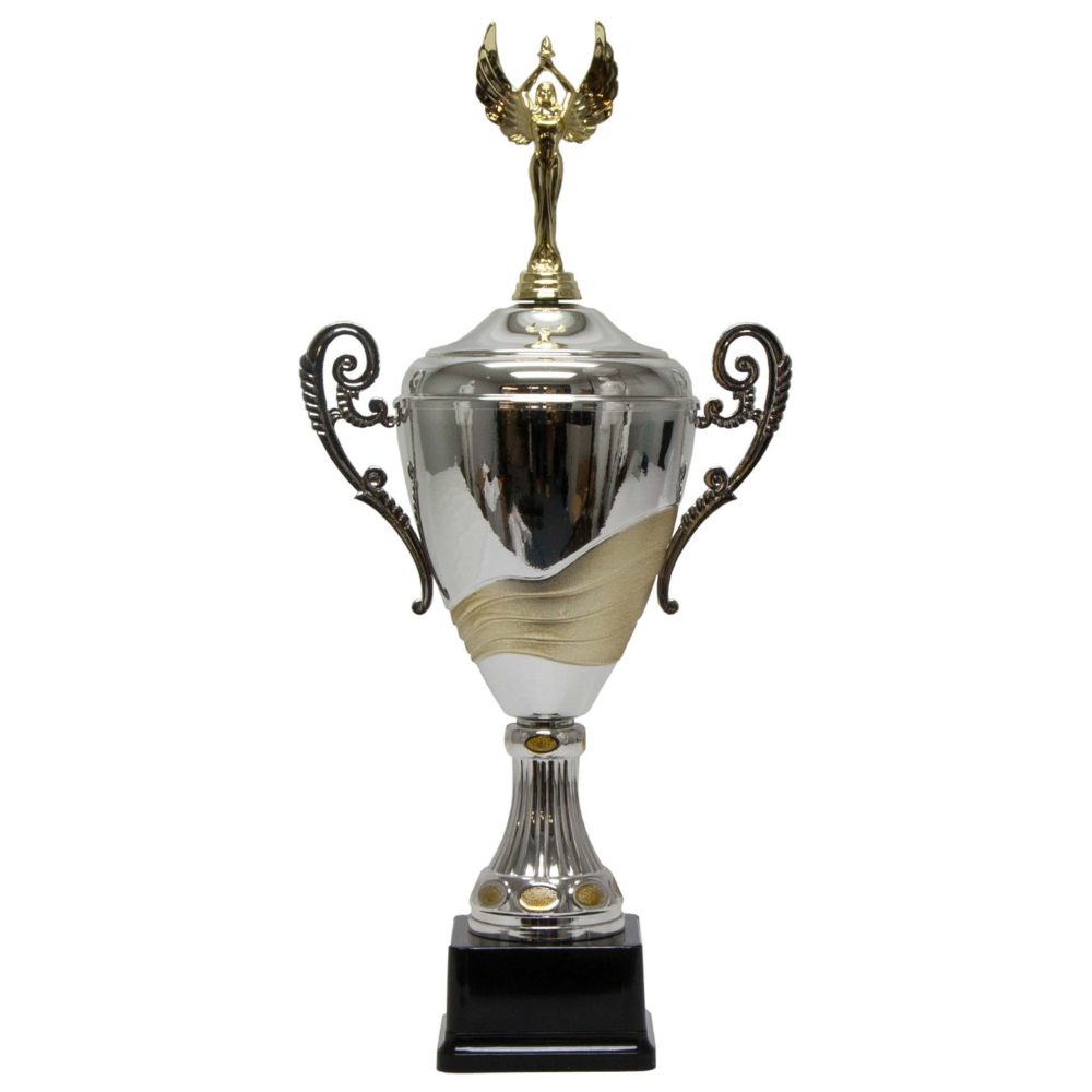 Silver and gold two-tone loving cup trophy with a winged figure, ornate handles, and a black base.