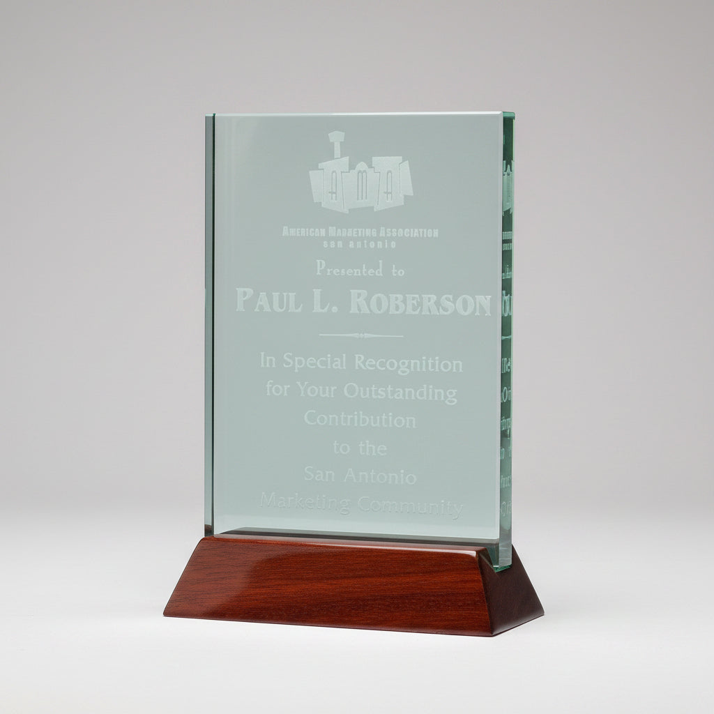 Jade Crystal Plaque on Piano Rosewood Base
