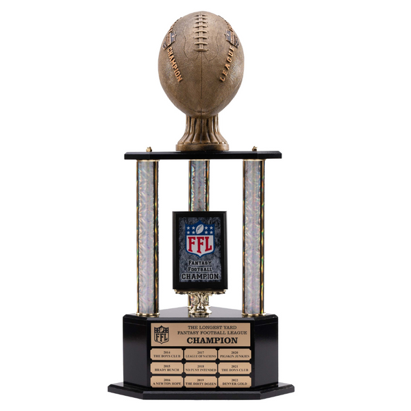 41-inch 3-post fantasy football trophy with a bronze football top, black ebony base, and customizable center plate.