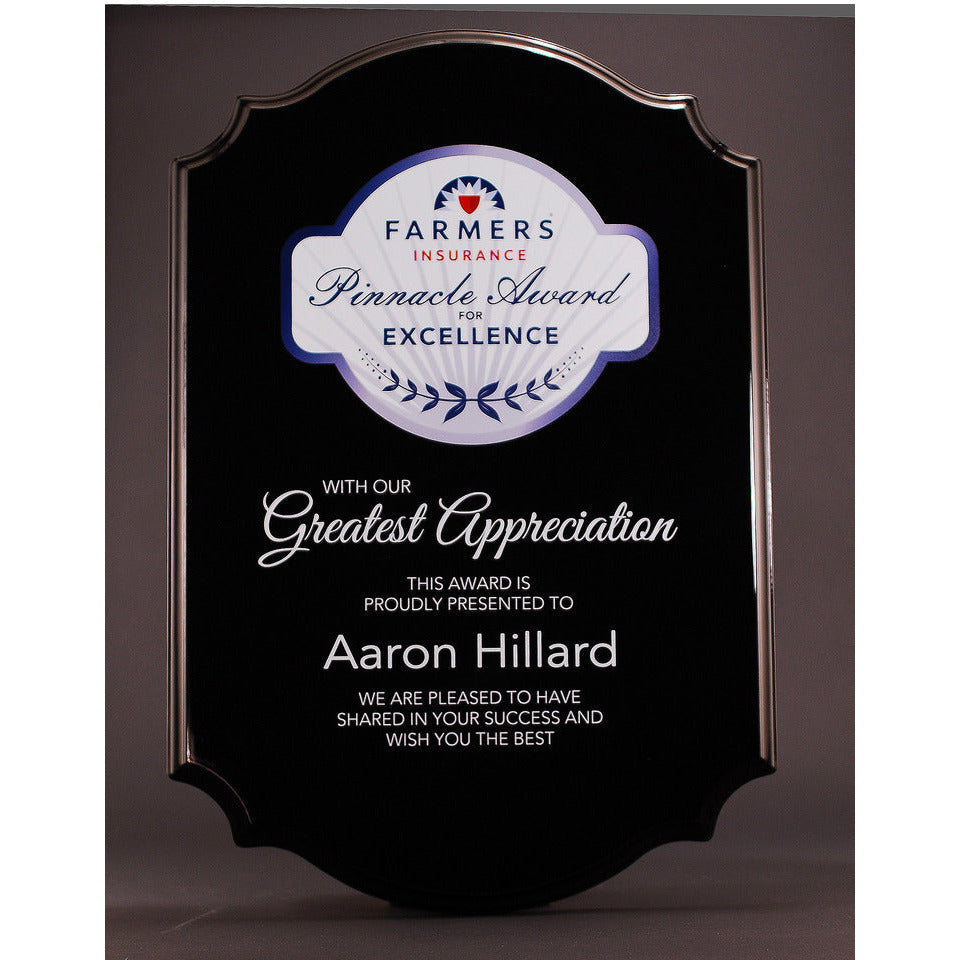 Black scalloped piano finished plaque with silver trim, custom Farmers Insurance Pinnacle Award for Excellence.
